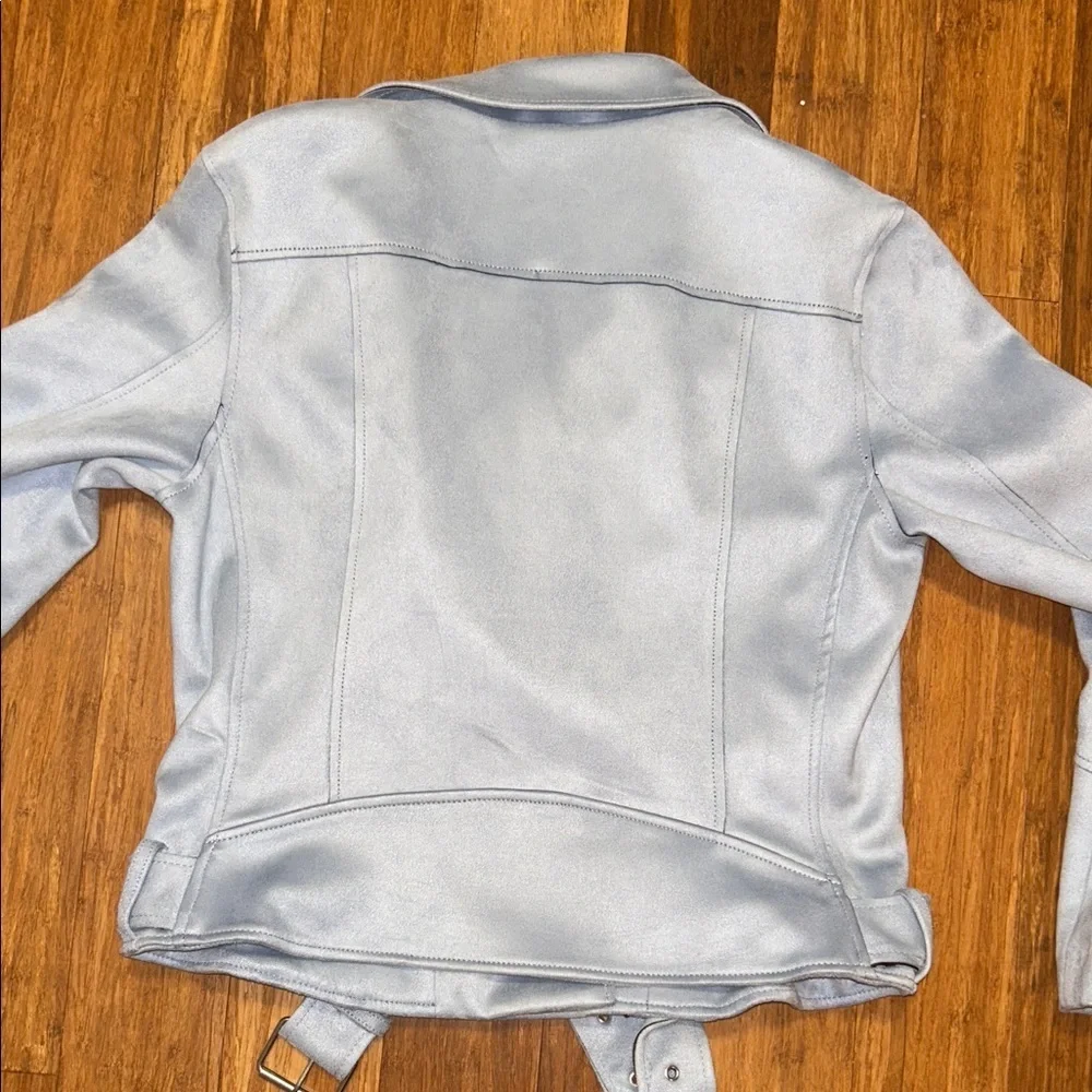 H&M Girls Size 12 Light Blue Faux Leather Moto Biker Jacket Belted